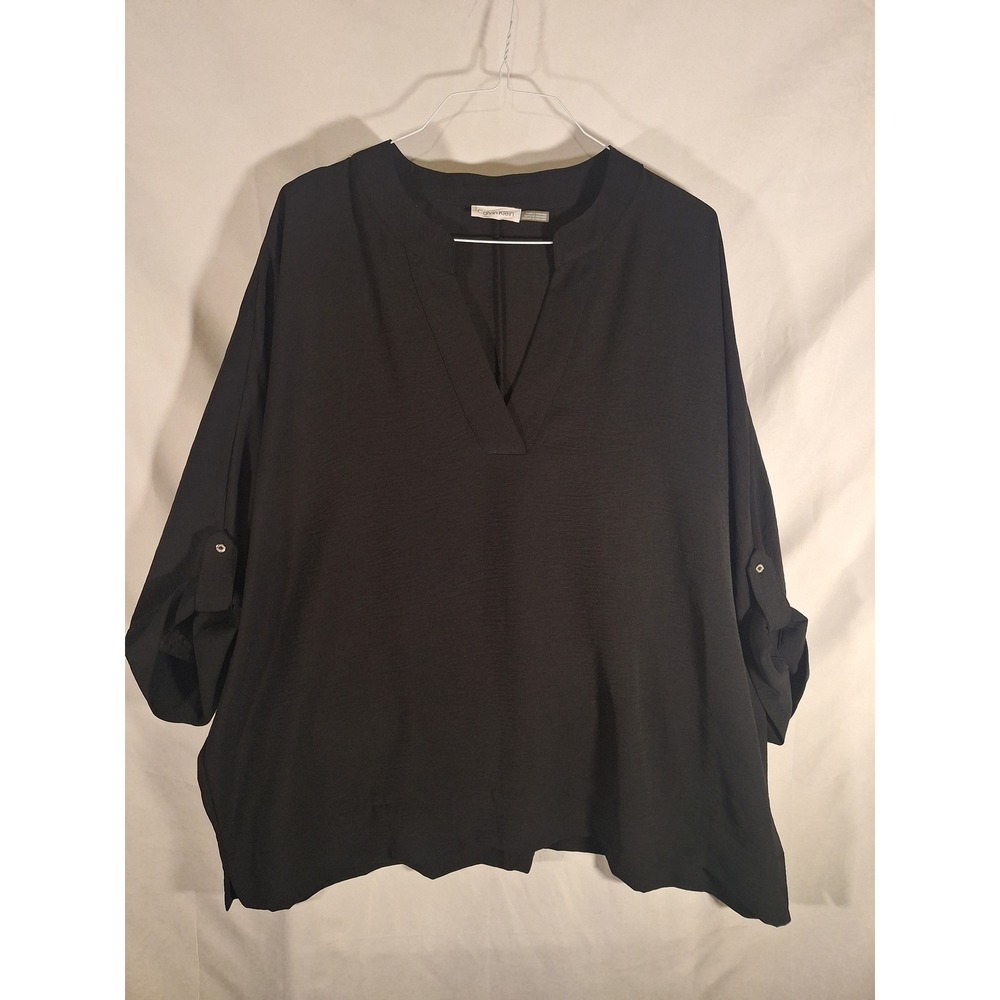 Calvin Klein Womens Black Roll Tab Sleeve V-Neck Blouse‎ Top